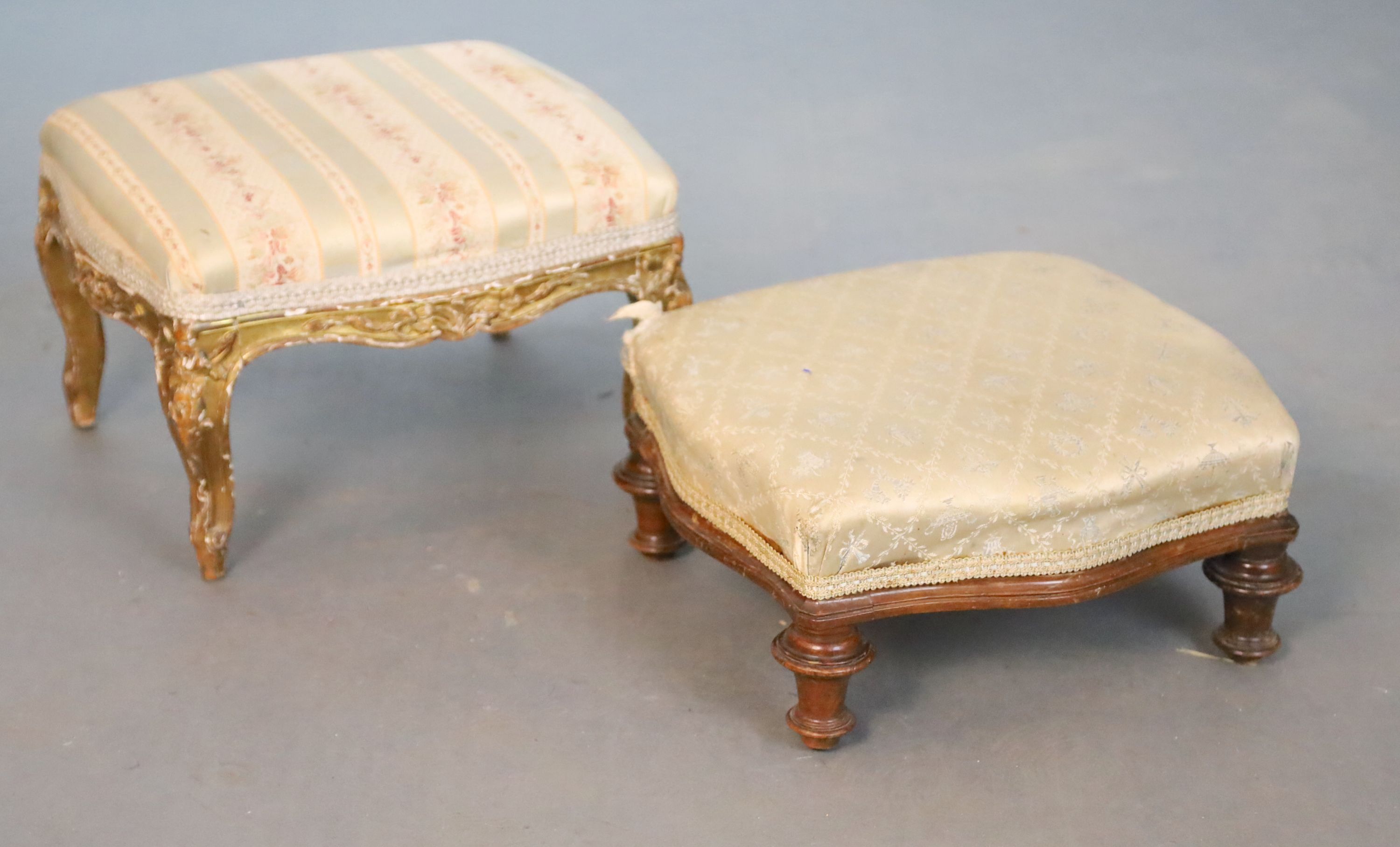 A Louis XVI style giltwood foot stool and a similar beech foot stool